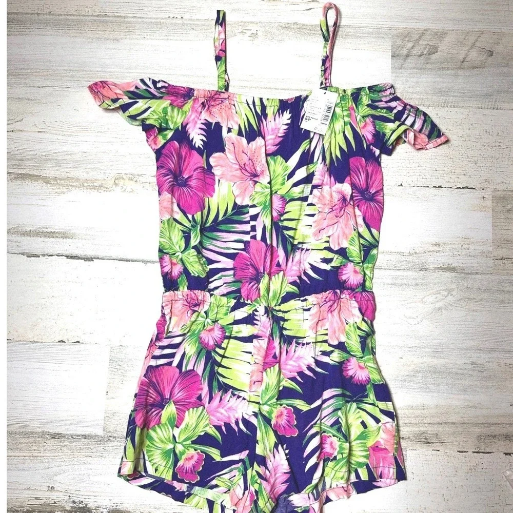 The‎ Children's Place Romper 5/6 Navy Pink NWT Tropical Cold Shoulder Floral
